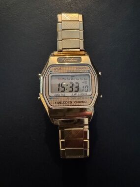 Vtg 80s Nordam 7 Melodies Digital Chrono Watch Gold Tone - New Battery - Working